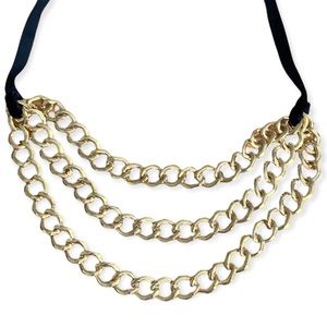 Layered Chain Necklace Gold Tone Metallic Chains Trendy Ribbon Tie Jewelry